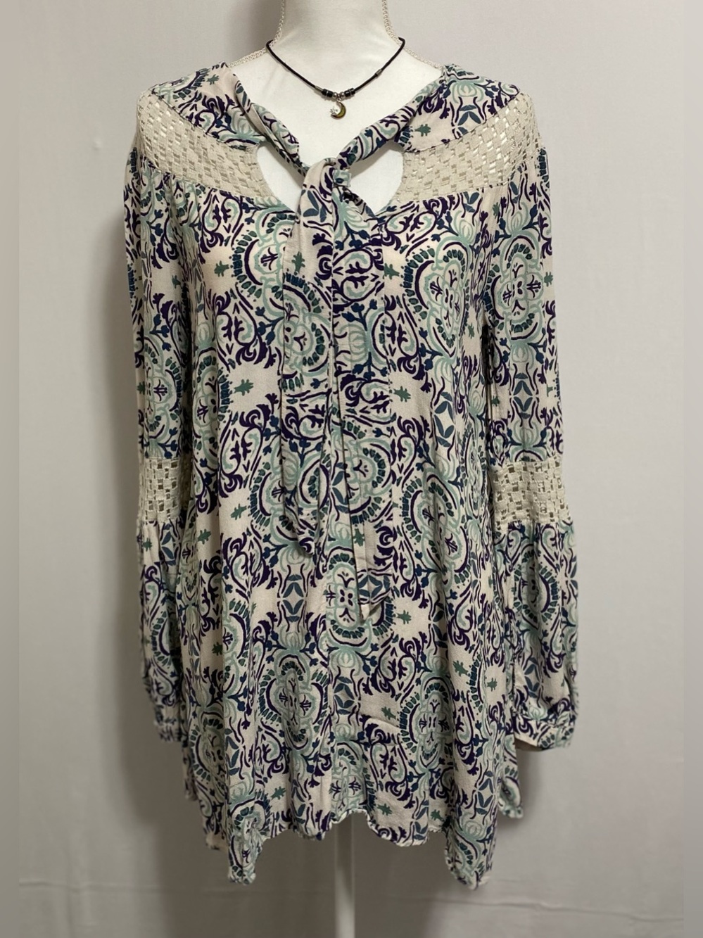 Free People Cream and Blue Patterned Blouse